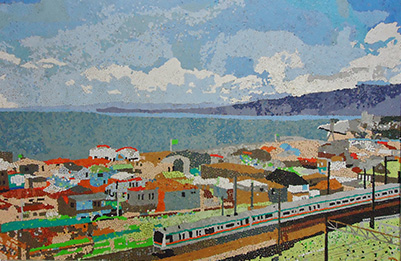海と電車を描いたデイケアの作品