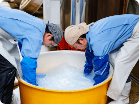 公式酒造りの流れに掲載された、蒸米を扱う蔵人の作業