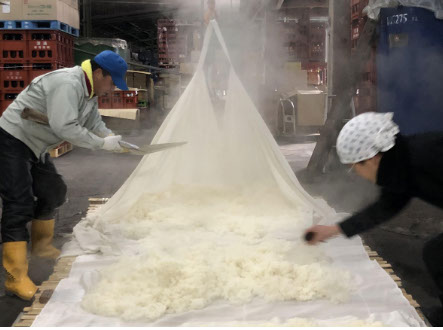 公式トップに掲載された湯気の立つ蒸米を扱う蔵人