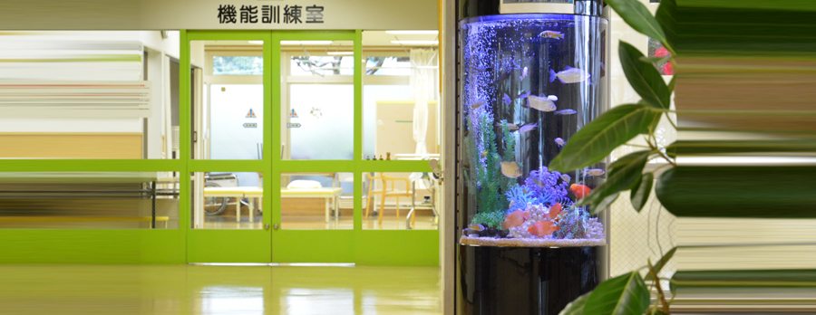 機能訓練室の表示と水槽がある公式院内写真