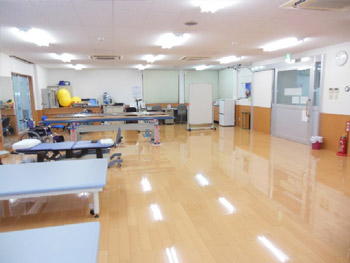 訓練台と器具を備えた無人のリハビリテーション室全景