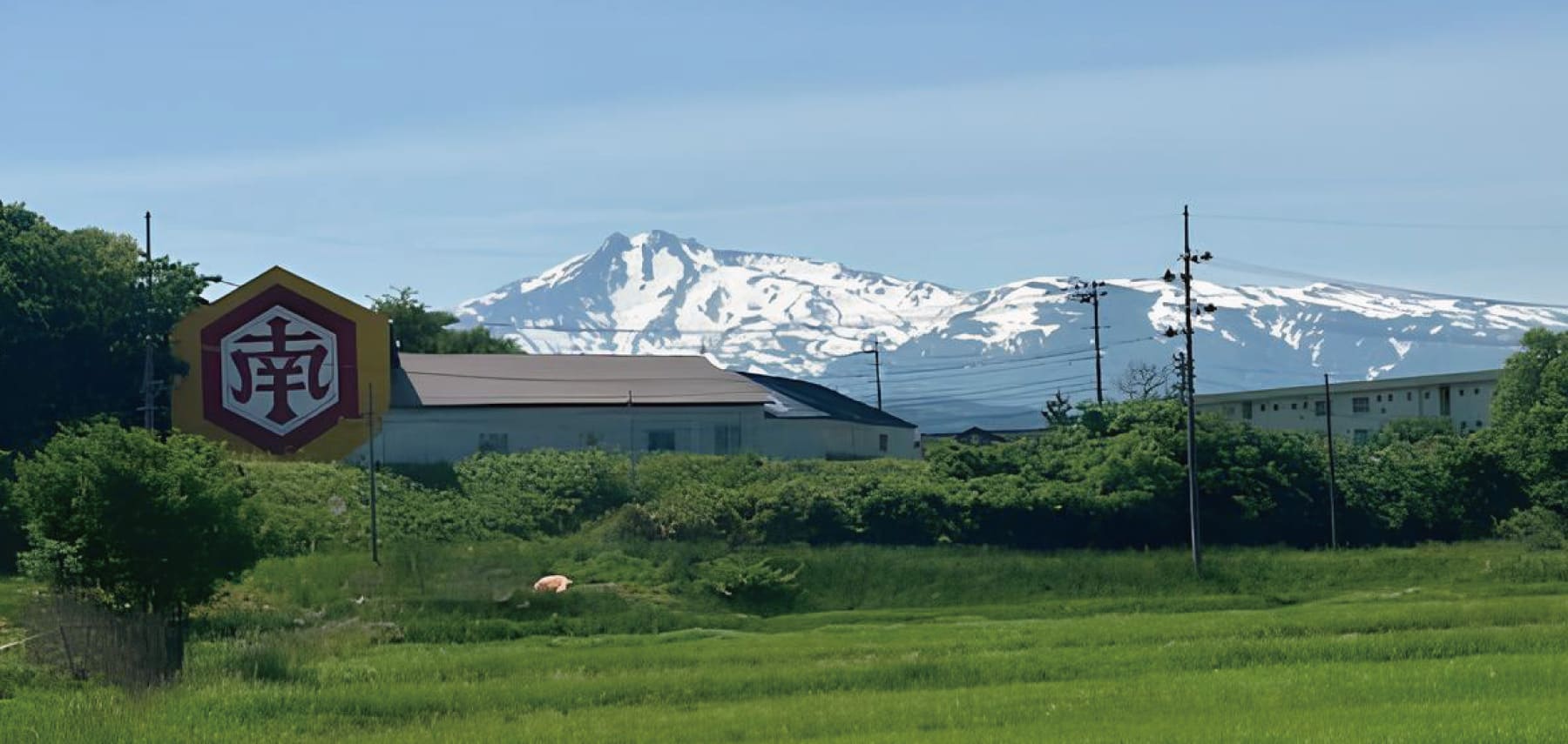 田園と鳥海山を背景にした日南工業の施設とキッコーナンの看板