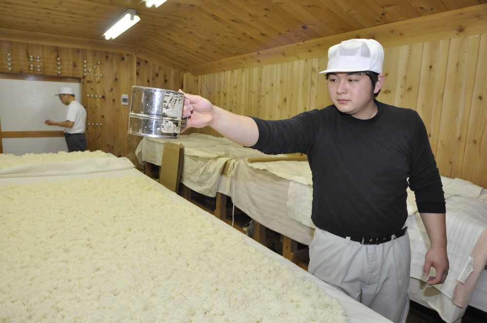 公式ABOUTに掲載された蒸米を広げる酒造りの作業