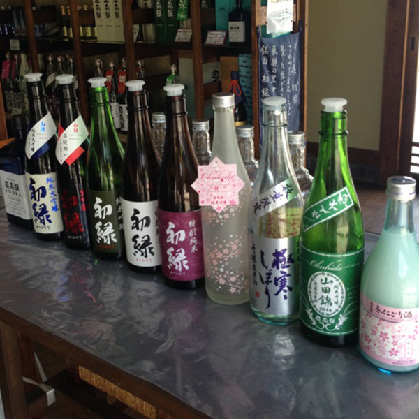 奥飛騨酒造の初緑を含む酒瓶が並ぶ蔵元本店