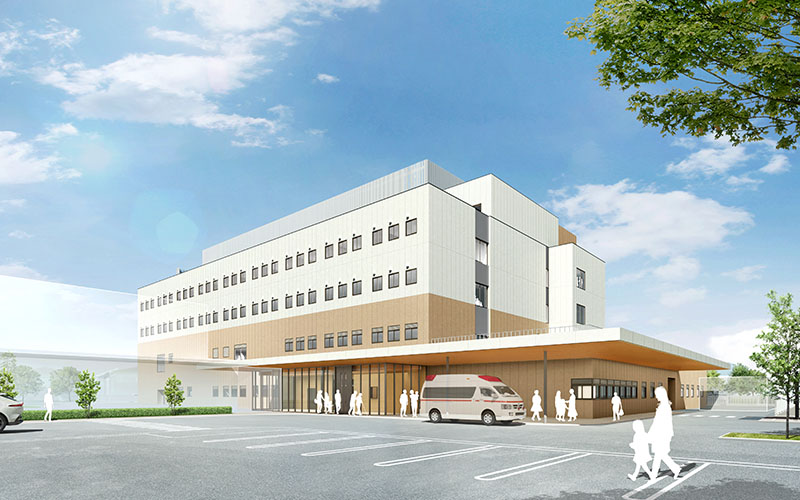 公式「新病院建て替えについて」に掲載された正面外観の完成予想図。